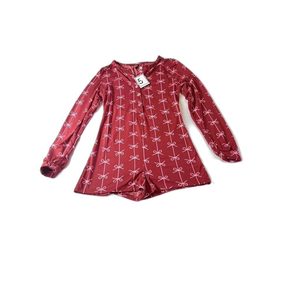 5B Style Red Fleece Lined Romper Pink Bow Print Long Sleeve Pijamas Size M NWT